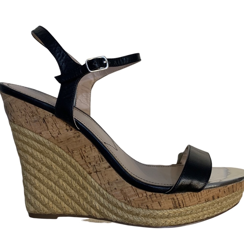 Charles David Black Leather Sandal Cork & Jute Wedge Heel Sz 10